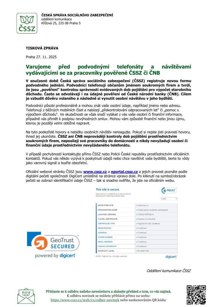 ČESKÁ SPRÁVA SOCIÁLNÍHO ZABEZPEČENÍ VARUJE!