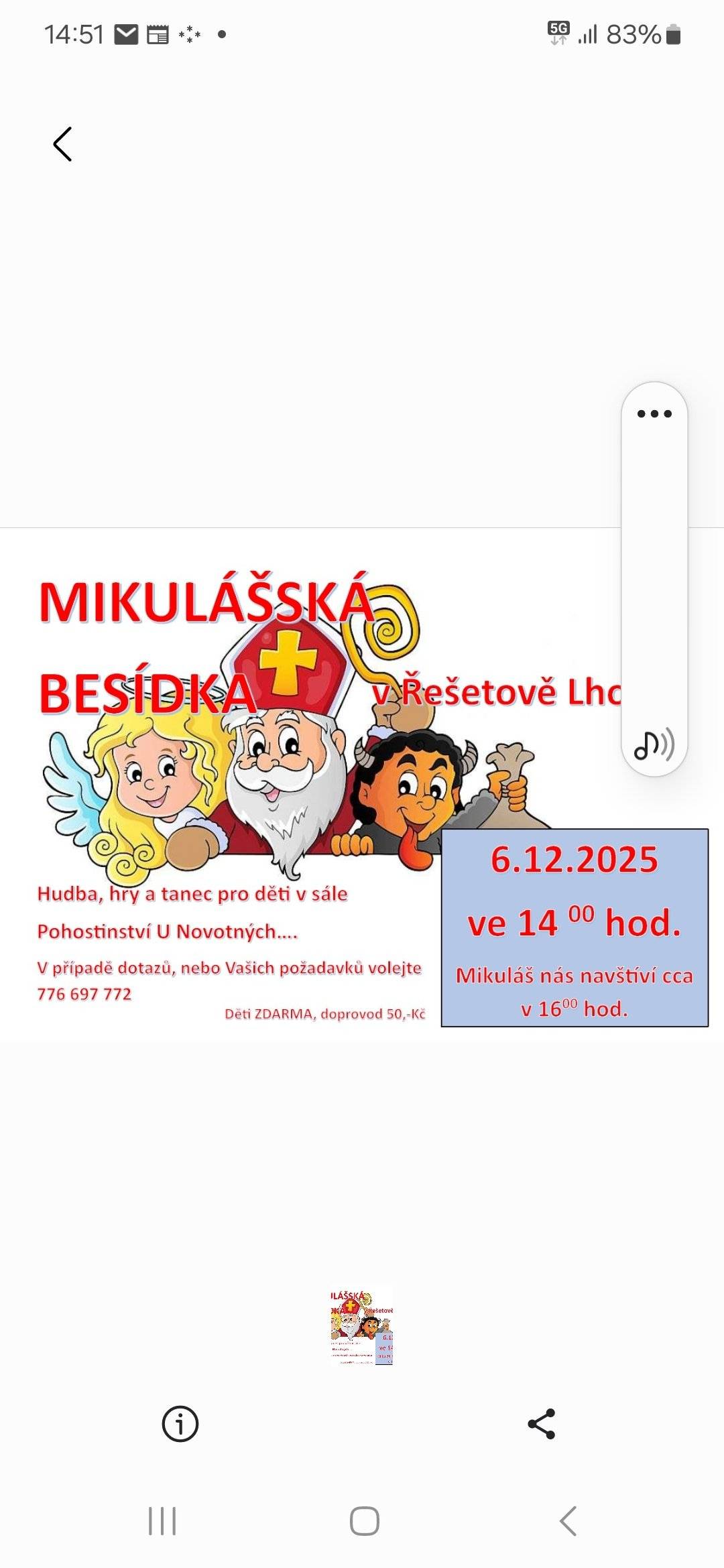 Mikulášská besídka bude v sobotu 6.12.2025 od 14 hodin v pohostinství U Novotných v Řešetově Lhotě.