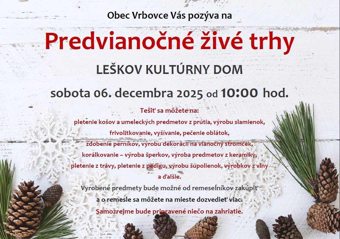 LEŠKOV KULTÚRNY DOM  sobota 06. decembra 2025 od 10:00 hod.