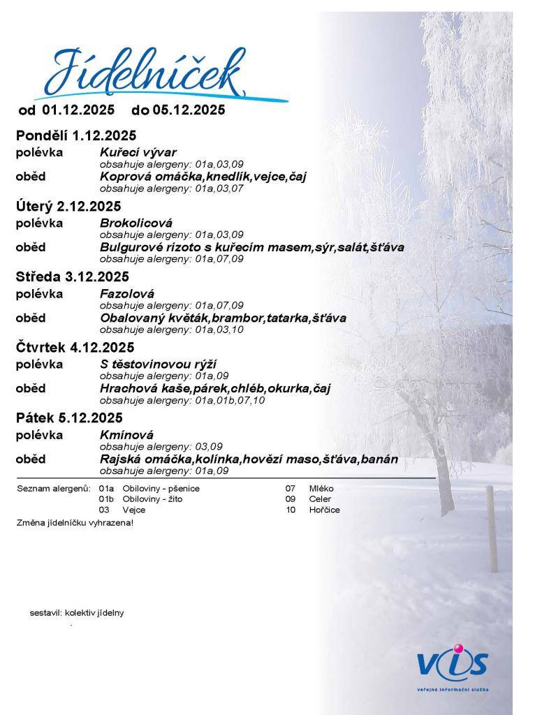 Jídelníček 1. 12. - 5. 12. 2025
