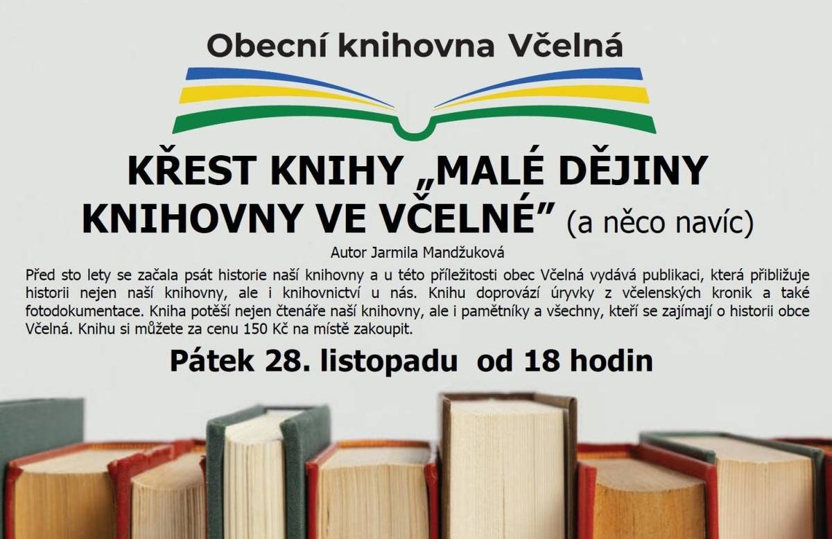 Milí spoluobčané, připomínáme, že dnes od 18:00 proběhně v zasedací místnosti obecního úřadu křes knihy MALÉ DĚJINY KNIHOVNY VE VČELNÉ, které popisuje historii uplynulých 100 let. Kniha určitě potěší nejen současné čtenáře, ale i pamětníky. Jste srdečně zváni. Drobné občerstvení na místě bude zajištěno. Knihovna a Obec Včelná