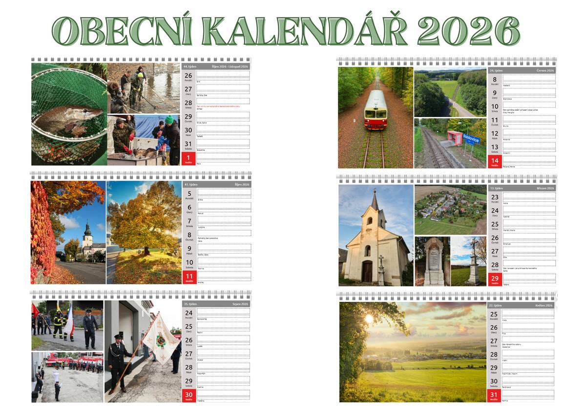 Vážení občané,     pro radost, nebo i jako vánoční dárek pro Vaše blízké, si Vám dovolujeme i v letošním roce nabídnout:     Stolní kalendář OBCE ŠTÁBLOVICE na rok 2026 s netradičními a zajímavými fotografiemi p. Petra Schmida, včetně fotografií z letošních kulturních akcí, společenských akcí či sportu.     V prodeji bude tento kalendář na Obecním úřadě ve Štáblovicích v úředních hodinách od pondělí 1. 12. 2025 v dotované ceně:     150,- (stolní kalendář)     Kalendář si můžete i v letošním roce zakoupit v sobotu 29. 11. 2025 u slavnostně rozsvíceného vánočního stromečku. (na vánočním jarmarku).     Malou ukázku můžete shlédnout v přiložených fotografiích!