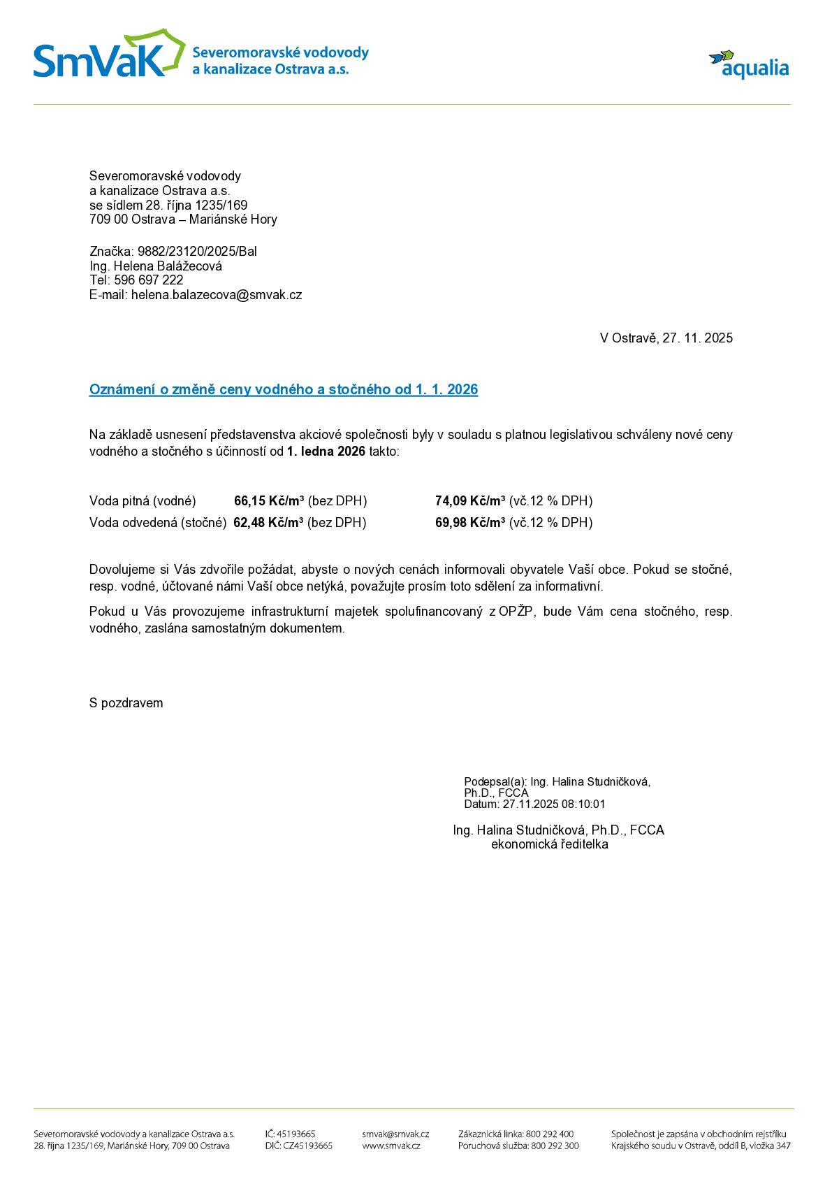 SmVaK informuje o změně ceny vodného a stočného s účinností od 1.ledna 2026.