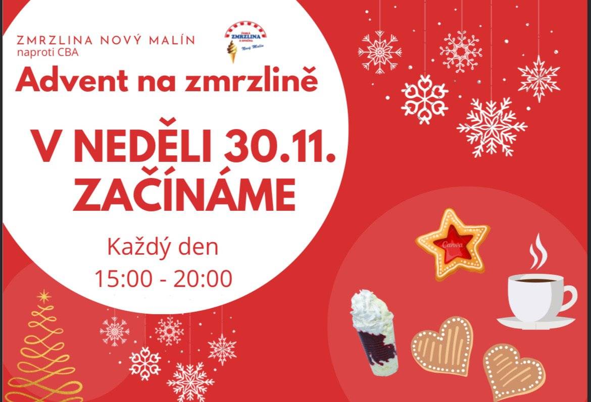 Zmrzlina Nový Malín zahajuje adventní sezonu. Přijďte si vychutnat advent s naším výborným svařákem, kávou, horkou čokoládou, horkou hruškou a horkými malinami. Nově máme i něco dobrého k jídlu. Začínáme v neděli 30.11.2025. Těšíme se na vás každý den od 15:00 do 20:00 hodi