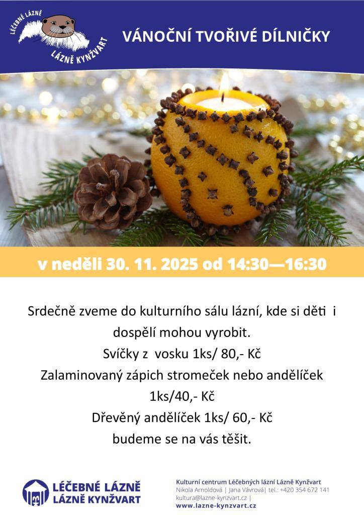 Léčebné lázně vás zvou na vánoční dílničky v neděli 30.11.2025 od 14,30 do 16,30 hod. do Kulturního sálu v lázních.