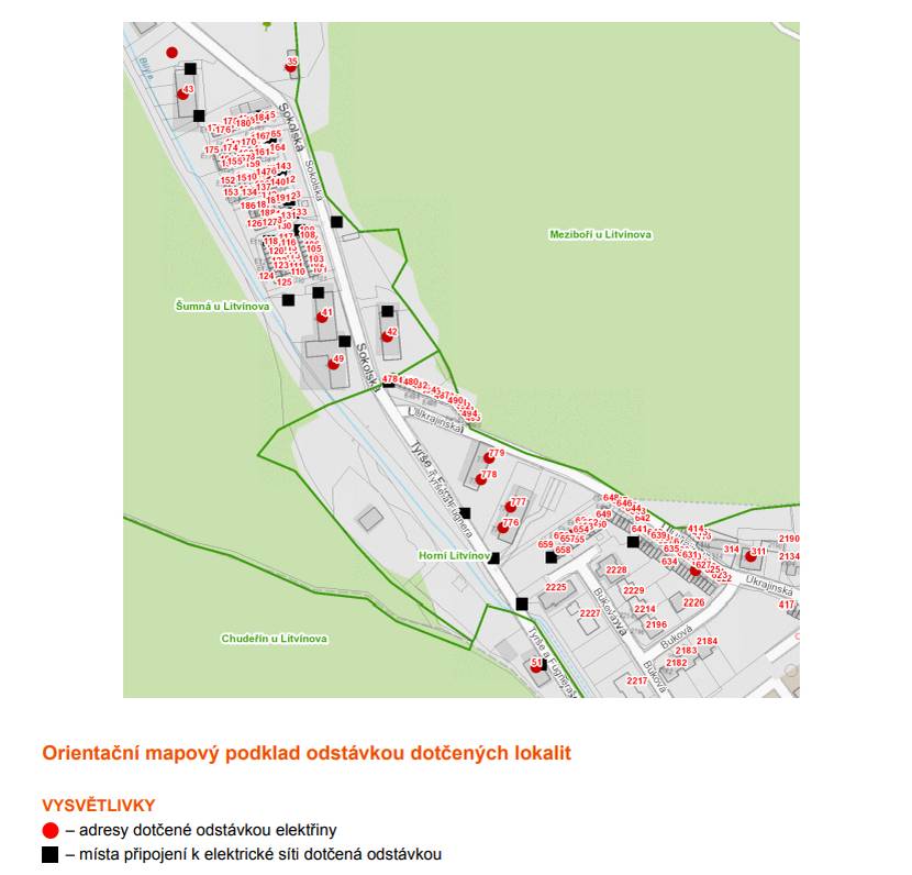 Vážení občané, tímto si Vás dovolujeme upozornit na odstávku elektřiny, která se uskuteční dne 09.12.2025 od 08:00 do 15:00 hodin, a to v lokalitě: Horní Litvínov Tyrše a Fügnera: č. p. 776, 777, 778, 779 Ukrajinská: č. p. 311; č. ev. 627, 654 Chudeřín Tyrše a Fügnera: č. p. 51 Šumná Sokolská: č. p. 35, 41, 42, 43, 49; č. ev. 145 kat. území Šumná u Litvínova: parcelní č. 243/25
