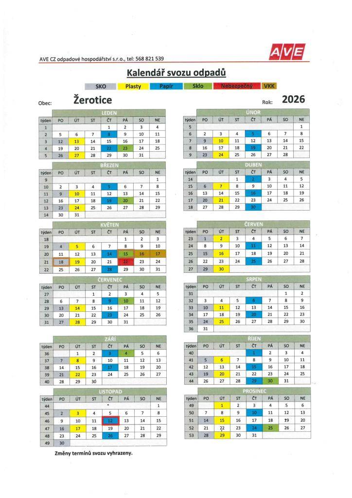 Kalendář svozu odpadů na rok 2026