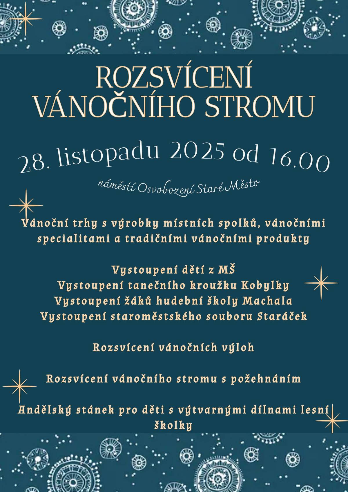 Všechny vás srdečně zveme na dnešní Rozsvícení vánočního stromu a vánoční trhy, které začínají od 16.00 na náměstí. Těšit se můžete na stánky s originálními výrobky, spoustu dobrého jídla, punče i čokolády, které pro vás připravují jednotlivci, spolky i škola. Od 17. 00 vás čekají  vystoupení dětí z MŠ, dětí z tanečního souboru Kobylky, hudební školy Machala a a chybět nebude ani staroměstský soubor Staráček. K tomu jsou připraveny tvořivé dílny lesní školky. A samozřejmě rozsvítíme vánoční strom i vánoční výlohy. Těšíme se na vás!