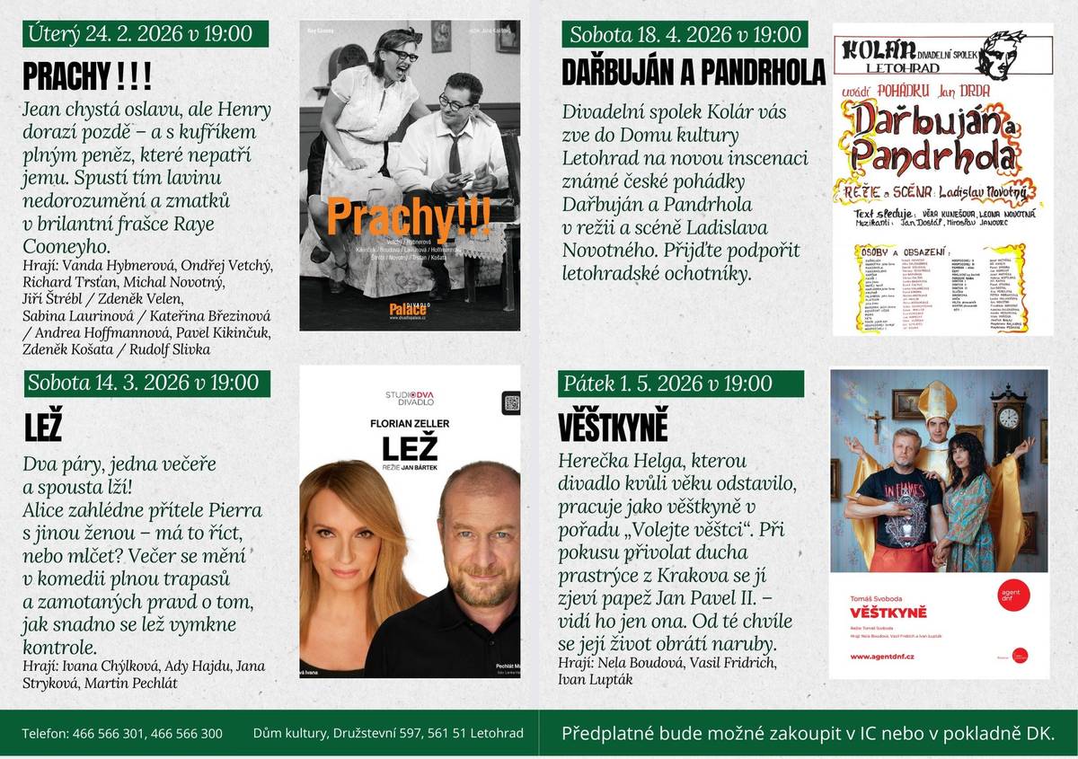 Z důvodu prodeje předplatného bude mimořádně otevřena pokladna v DK celý týden: 1.–5 .12. 2025 vždy 9:00–15:00, v pátek 5. 12. 9:00–12:00.