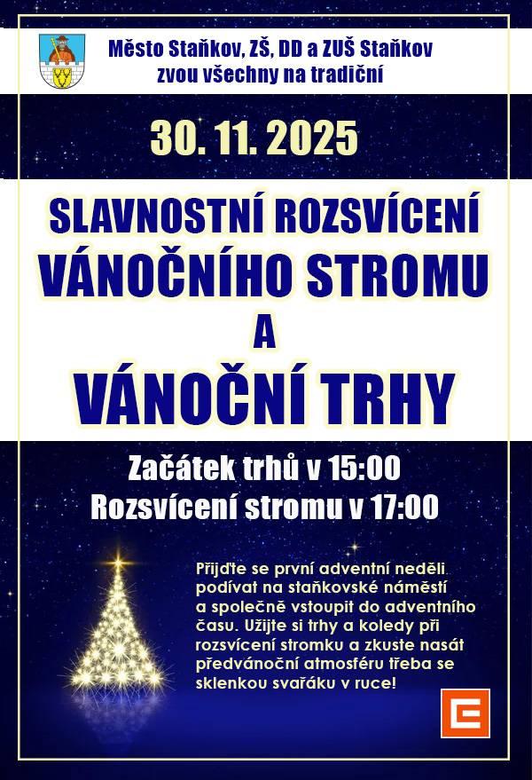 Srdečně Vás zveme na Vánoční trhy na náměstí ve Staňkově, které začínají v 15 hodin.  Žáci školy zde budou prodávat vyrobené vánoční dekorace a dárky. Přijďte si vychutnat vůni svařeného vína a naladit se na adventní čas.  V 17 hodin společně rozsvítíme vánoční stromeček.     Těšíme se na vás!