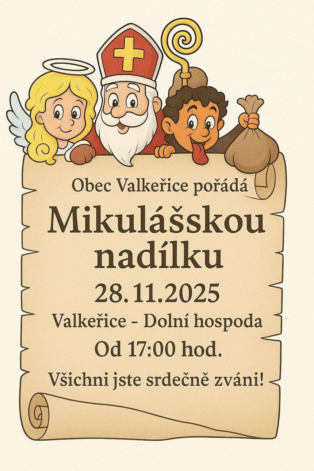 Obec Valkeřice zve rodiče,děti a všechny, kdo mají zájem na Mikulášskou nadílku, která se bude konat dnes od 17:00 v dolní hospodě. Balíčky pro děti jsou zdarma.Těšíme se na Vás.