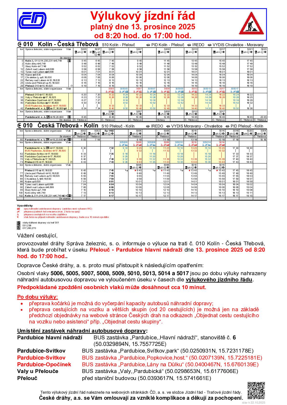 Provozovatel dráhy Správa železnic, s. o. informuje o výluce traťové koleje na železniční trati číslo 010 Kolín - Česká Třebová, která bude probíhat v úseku Přelouč - Pardubice hlavní nádraží v sobotu 13. prosince 2025 od 8:20 hod. do 17:00 hod..Výluka je za účelem odstranění porostu podél trati.  Dopravce České dráhy, a. s. proto musí přistoupit k následujícím opatřením: Osobní vlaky 5006, 5005, 5007, 5008, 5009, 5010, 5013, 5014 a 5017 jsou nahrazeny náhradní autobusovou dopravou ve vyloučeném úseku v časech dle výlukového jízdního řádu.  Upozornění Po dobu výluky nebude v úseku s náhradní autobusovou dopravou garantována služba uvedená v jízdním řádu u jednotlivých vlaků - tzn. "Přeprava spoluzavazadel".Přeprava kočárků bude možná pouze do vyčerpání kapacity autobusu náhradní dopravy. Za komplikace způsobené výlukou se omlouváme.  České dráhy, a.s., Oblastní ředitelství osobní dopravy Střed Oddělení technologie a jízdního řádu