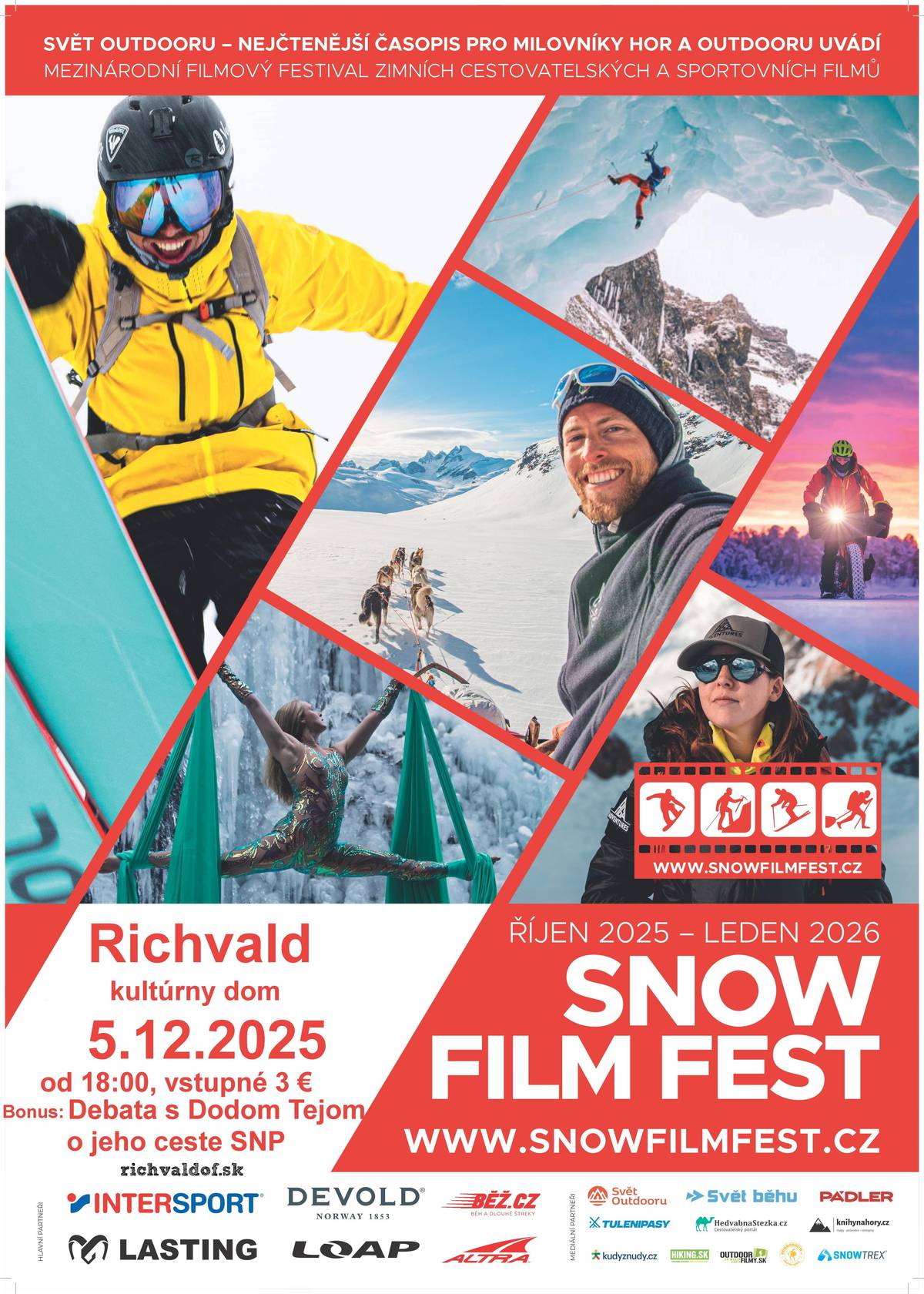 Združenie Richvaldof   srdečne pozýva všetkých občanov obce Richvald na jedinečný Snow Film Fest, venovaný dobrodružstvu, horám, adrenalínu a príbehom z podmienok, kde vládne sneh a ľad.   Dátum: 05.12.2025   Čas: 18:00   Miesto konania: Kultúrny dom Richvald     Príďte si vychutnať atmosféru horského sveta, stráviť príjemný večer v spoločnosti ostatných a objaviť filmy, ktoré inšpirujú, motivujú a ukazujú silu odhodlania v extrémnych podmienkach.