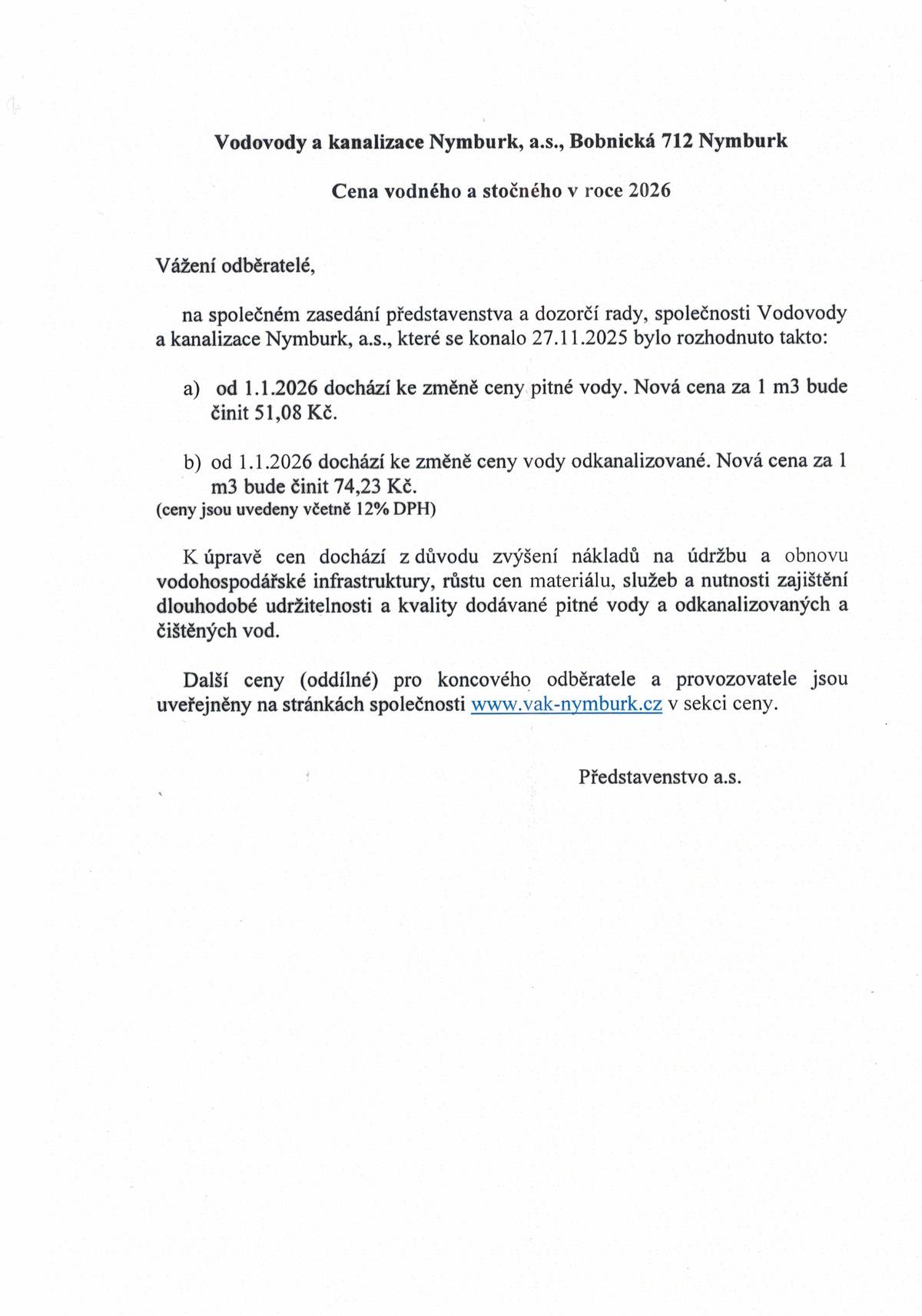 Ceny vodného a stočného pro rok 2026