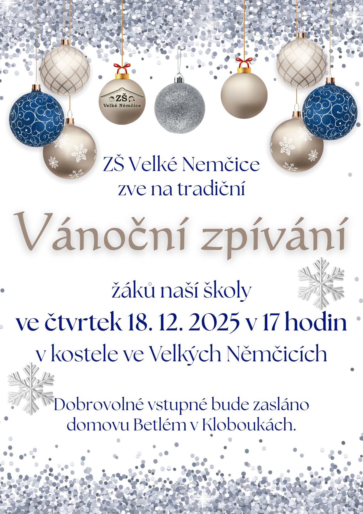 se uskuteční ve čtvrtek 18.12.2025 v 17.00 v kostele sv. Václava a Víta. Dobrovolné vstupné bude zasláno domovu Betlém v Klouboukách.