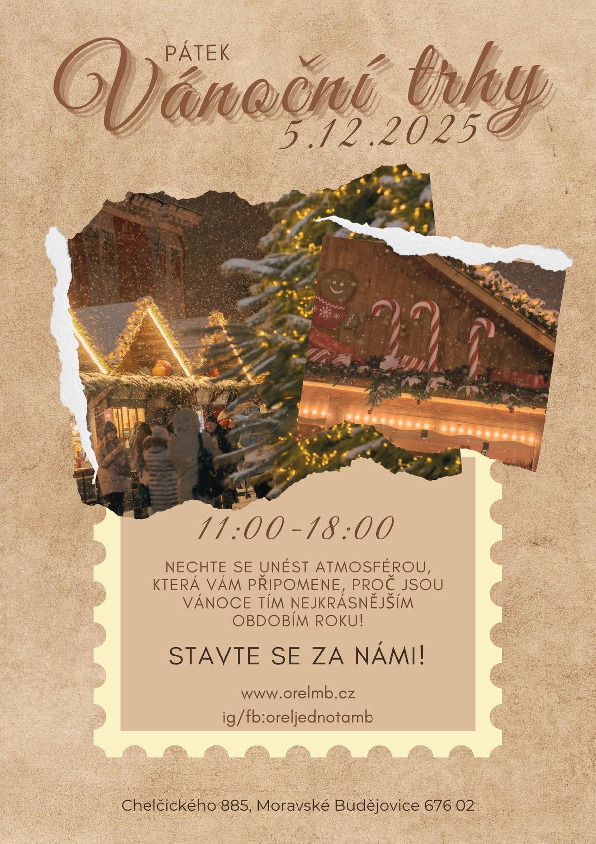Nechte se unést atmosférou, která Vám připomene, proč jsou Vánoce tím nejkrásnějším obdobím roku a přijměte pozvání na "Vánoční trhy".  Kdy? V pátek 5. prosince 2025 od 11 do 18 hodin Kde? V orlovně v Moravských Budějovicích (Chelčického 885)