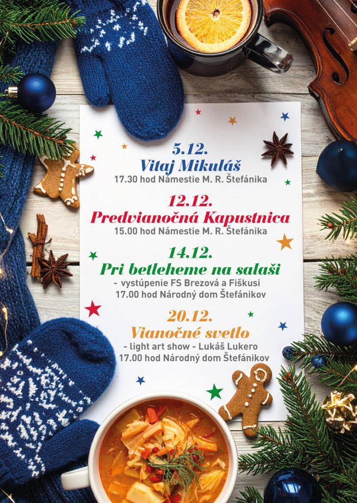 Milí občania, návštevníci,   srdečne vás pozývame na podujatia, ktoré sa uskutočnia v predvianočnom a vianočnom období v našom meste.