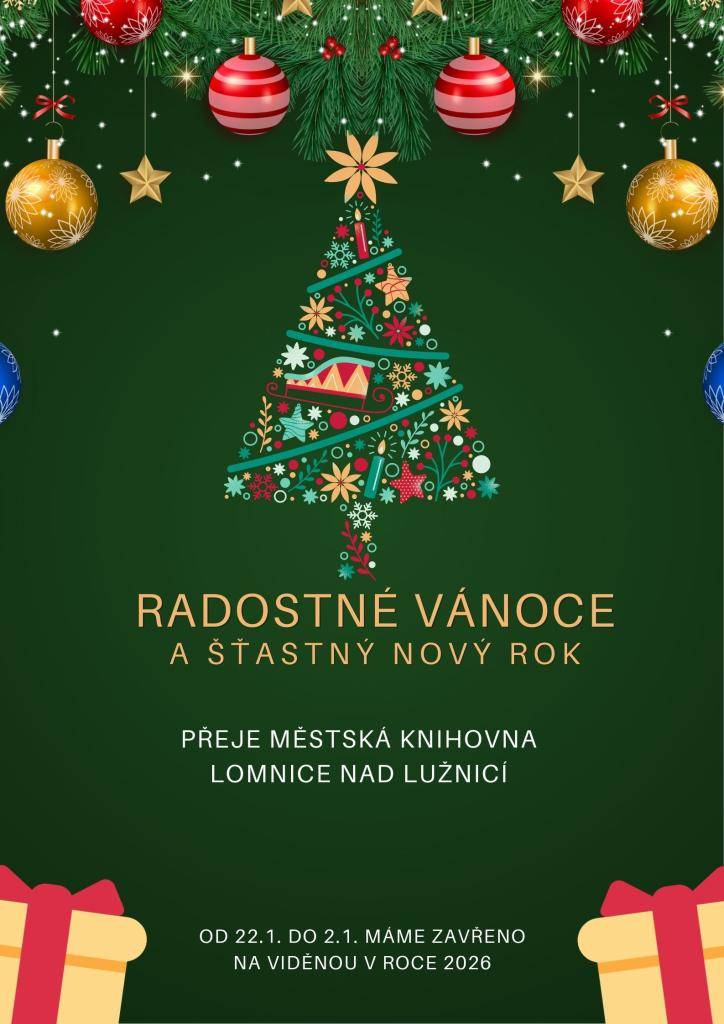 Ve dnech od 22.12. do 2.1. bude mít naše knihovna zavřeno.  Těšíme se na všechny naše čtenáře v roce 2026.
