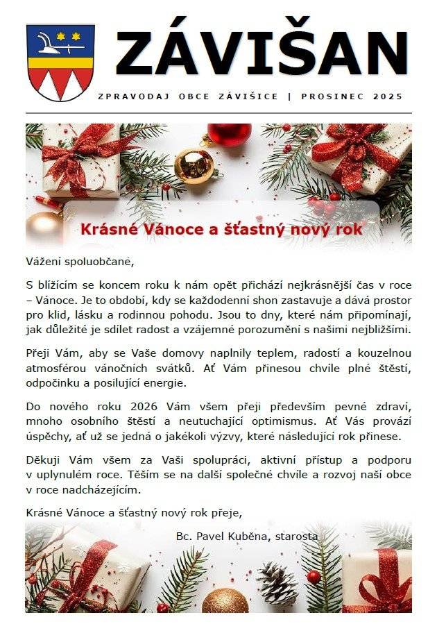 📰 Nový Závišan je venku! Informujeme Vás, že právě vyšlo ❄🎄 prosincové vydání obecního zpravodaje Závišan. Těšit se můžete na aktuální informace z dění v obci, pozvánky na akce i zajímavosti ze života v Závišicích. 📬 Tištěná verze míří do místní samoobsluhy, elektronická verze je dostupná na webu obce a v příloze aplikace Munipolis.