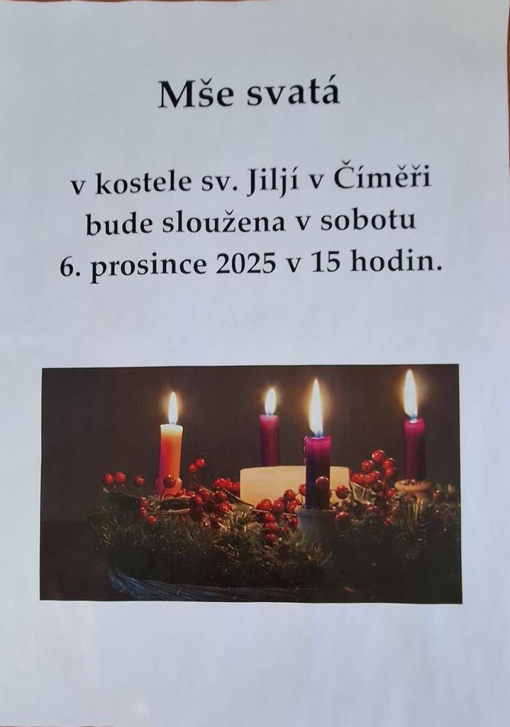 V sobotu 6. prosince 2025 od 15 hodin bude sloužena mše svatá v kostele sv. Jiljí v Číměři.