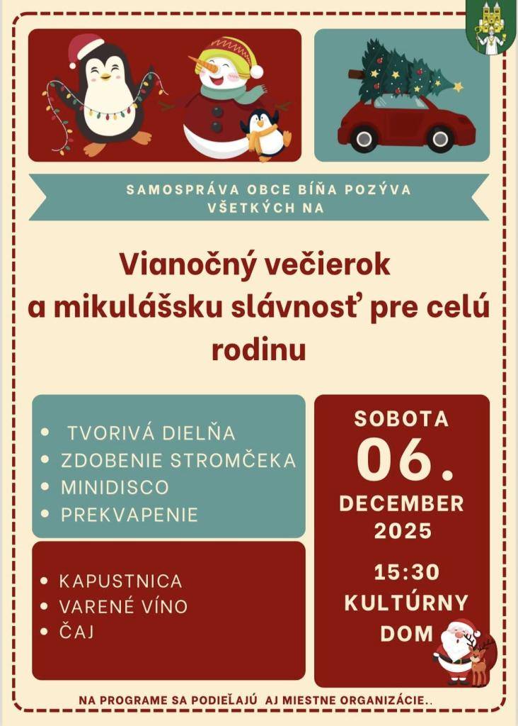 Vianočný večierok a mikulášska slávnosť pre celú rodinu v obci Bíňa