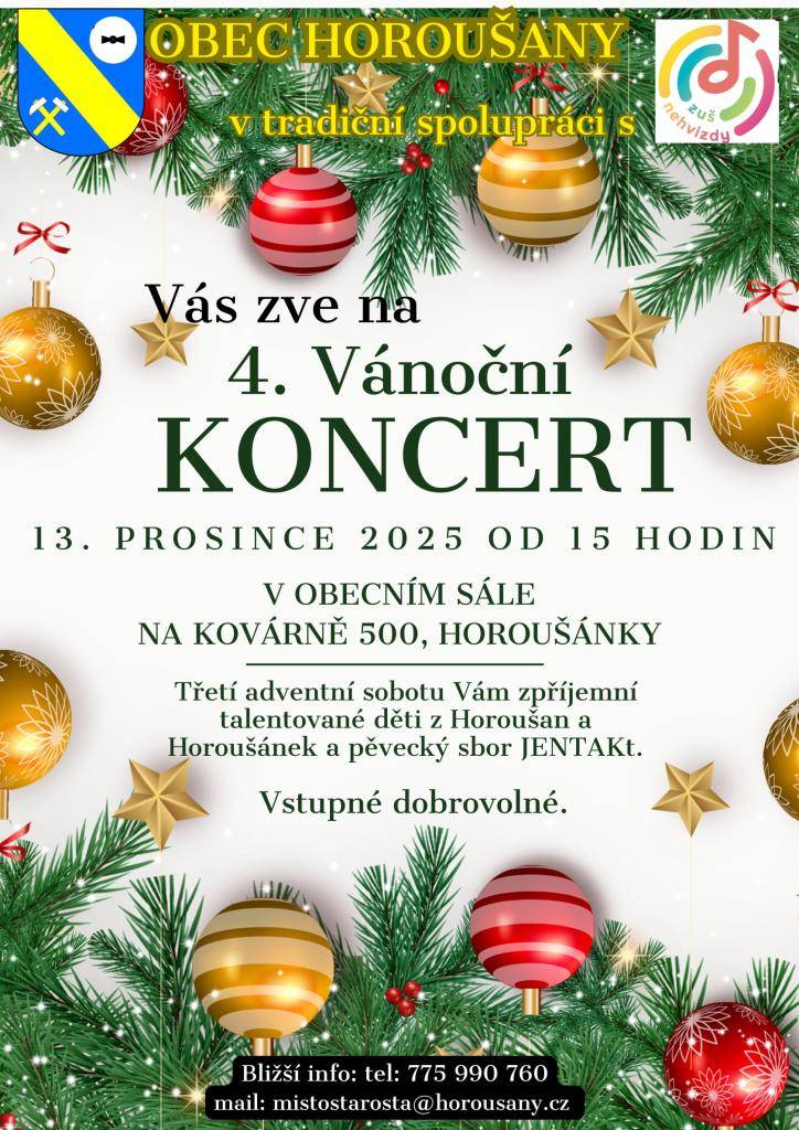 Obec Horoušany ve spolupráci se ZUŠ Nehvizdy Vás zve na 4. Vánoční koncert 13. prosince 2025 od 15 hodin v Obecním sále v Horoušánkách