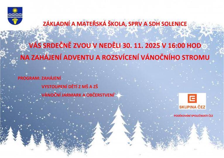 Připomínáme, že slavnostní zahájení adventu a rozsvícení vánočního stromu se uskuteční již tuto neděli 30. listopadu 2025 v 16:00 hodin.