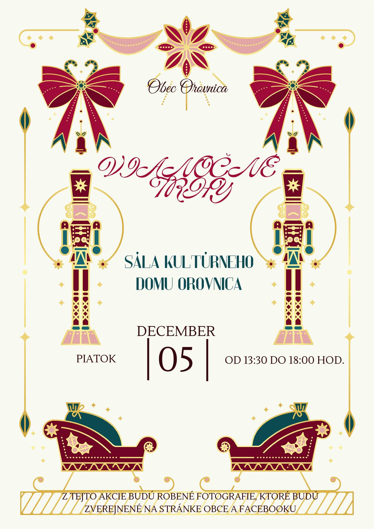 Všetkých srdečne pozývame na Vianočné trhy, ktoré sa budú konať 05. decembra 2025 v sále kultúrneho domu v Orovnici od 13:30 do 18:00 hod.