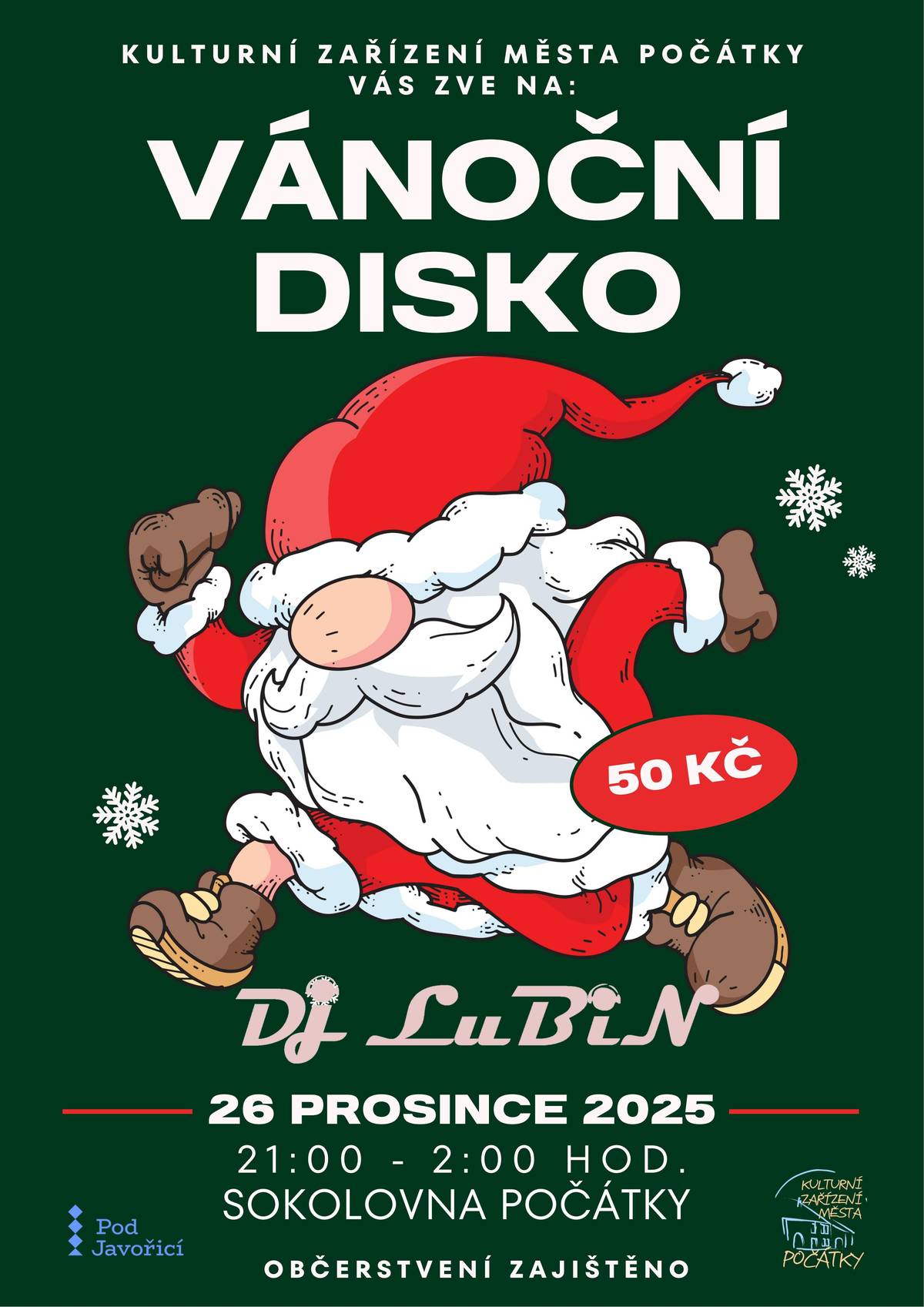 Kulturní zařízení města Počátky Vás srdečně zve na VÁNOČNÍ DISKO. Pátek 26. prosince 2025 od 21:00 hodin se sejdeme v Sokolovně Počátky a pořádně to rozbalíme společně s oblíbeným DJ LuBin.  Vstupné 50 Kč a občerstvení samozřejmě také mít budeme.  Těšíme se na Vás