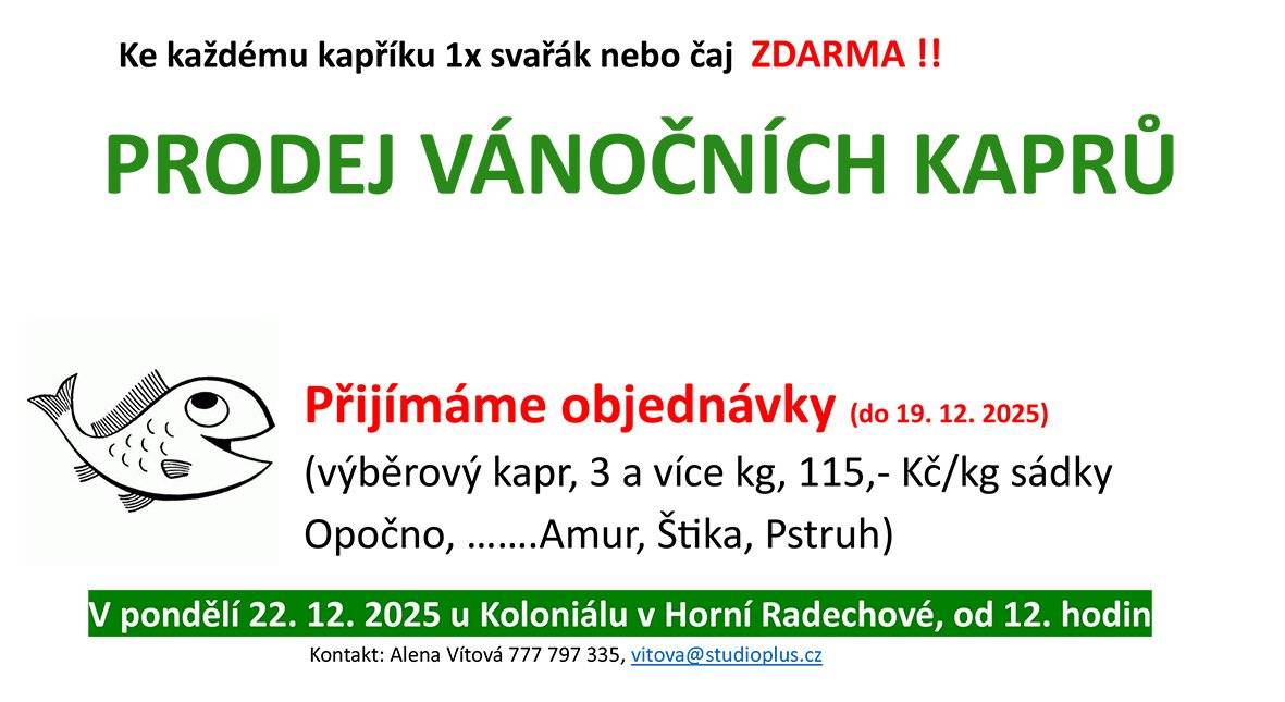 Prodej Vánočních kaprů v Koloniálu Horní Radechová a to v pondělí 22.12.2025