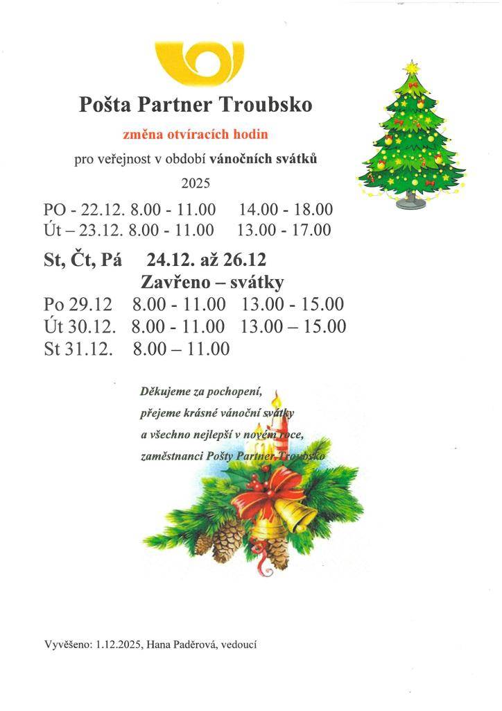 Změna otevírací doby Pošty Troubsko
