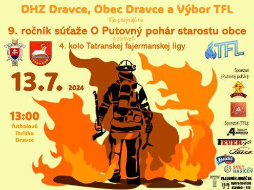 Srdečne Vás pozývame na 9. ročník požiarnické preteky, dňa 13.07.2024 o 13.00 h. na futbalovom ihrisku Dravce. Pre deti sú pripravené atrakcie. Príďte podporiť našich požiarnikov. Tešíme sa na Vás