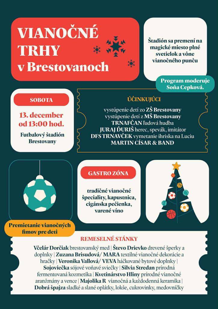 Vianočné trhy v Brestovanoch sú opäť tu!  Príďte si užiť predvianočnú atmosféru, stretnúť sa s priateľmi a nasať vôňu dobrého jedla, punču a sviatočnej pohody. Čaká vás krásny program, kopec úsmevov a malý únik od predvianočného zhonu. Tešíme sa na vás! ????