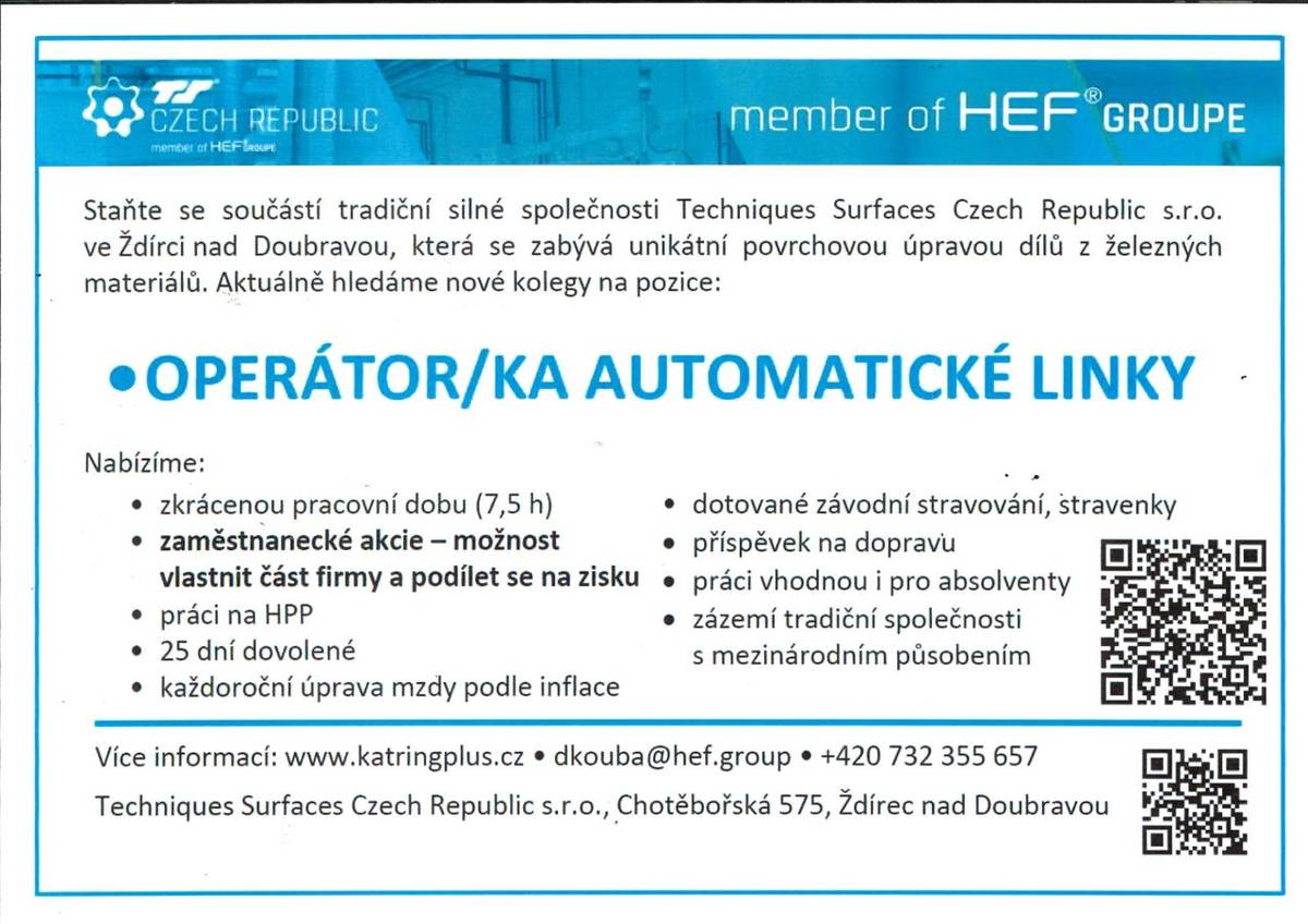 Operátor/ka automatické linky ve Ždírci nad Doubravou.