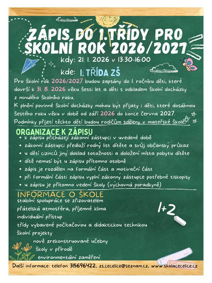 Zápis do 1. třídy pro školní rok 2026/2027 proběhne 21.1.2026 od 13:30 do 16:00 v I. třídě ZŠ Čečelice.