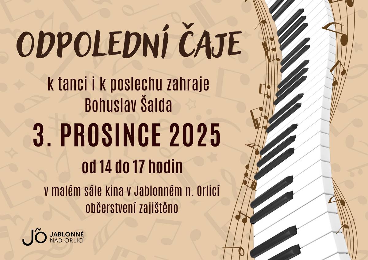 Další Odpolední čaje s živou hudbou k tanci i k poslechu se uskuteční v malém sále kina ve středu 3. prosince.