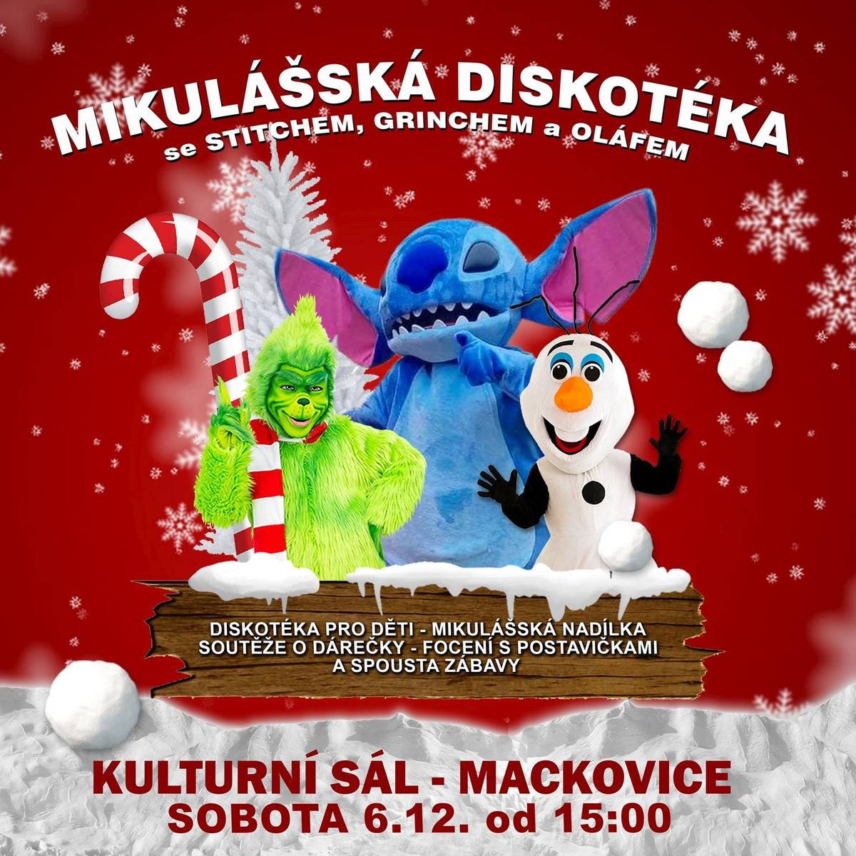Mikulášská diskotéka pro děti se bude konat v sobotu 6.12.2025 od 15:00 hodin v sále kulturního domu v Mackovících.
