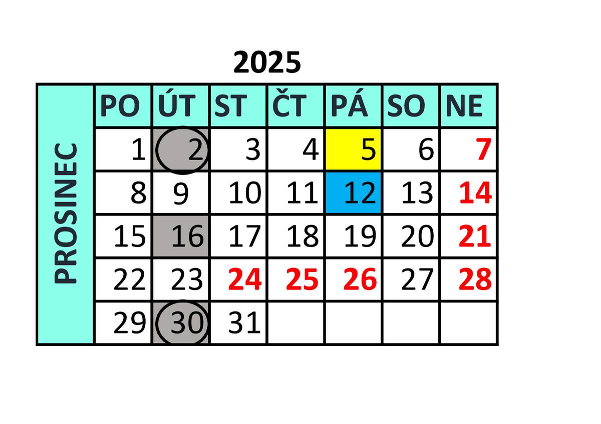 V prosinci 2025 se uskuteční svoz směsného odpadu od domu dne 2. 12. (měsíční svoz), 16. 12. (14-denní svoz) a 30. 12. (měsíční svoz). Svoz plastů 5. 12. a svoz papíru 12. 12. 2025.