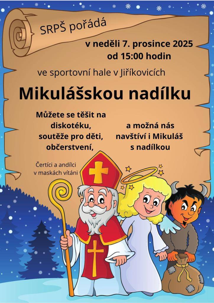 SRPŠ Jiříkovice zve děti na Mikulášskou nadílku v neděli 7.12.2025.