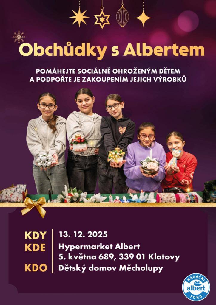 Pozvánka Dětského domova Měcholupy na charitativní akci Obchůdky s Albertem.