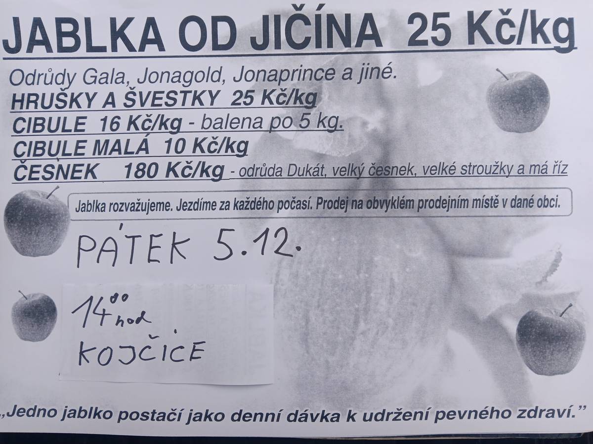 JABLKA OD JIČÍNA / V pátek 5. 12. 2025 ve 14 :00 hodin proběhne v Kojčicích na návsi prodej jablek, hrušek a švestek (25,- Kč za kg), cibule (16,-/10,-  Kč za kg) a česneku.