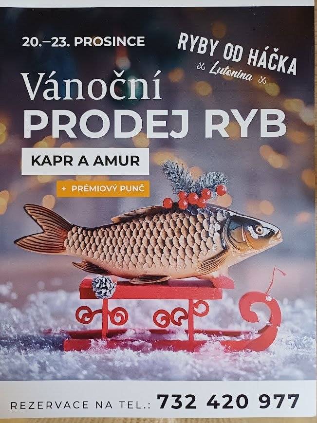 Prodejce ryb bude ve dnech 20. - 23. 12. 2025 (po celý den) u prodejny COOP nabízet čerstvé ryby - kapra a amura - z lokálního chovu.   Vyberete si a o zbytek se už prodejce postará — na místě ji profesionálně zabije, vykuchá a připraví k okamžitému odnesení domů.   A aby Vám čekání zpříjemnilo sváteční kouzlo, v nabídce bude také teplý punč.