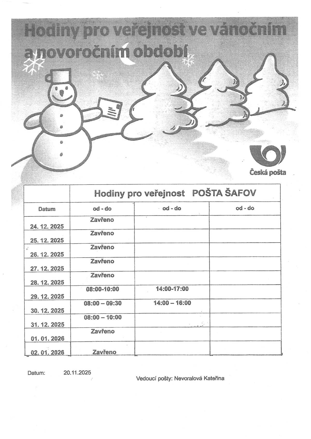 Pošta Šafov informuje o provozních hodinách v období vánočních svátků a na konci roku 2025.