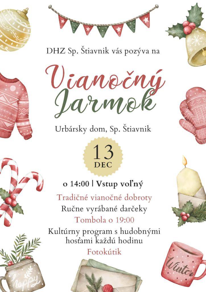 DHZ Spišský Štiavnik pozýva verejnosť na Vianočný jarmok v Urbárskom dome 13. decembra od 14:00 so vstupom zdarma. Návštevníkov čakajú tradičné vianočné dobroty, ručne vyrábané darčeky, kultúrny program s hudobnými hosťami každú hodinu, fotokútik a tombola o 19:00.