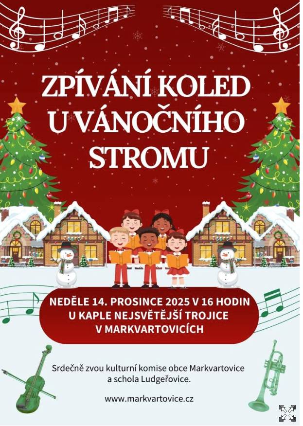 Srdečně vás zveme na společné zpívání vánočních koled u kaple Nejsvětější Trojice, kde společně prožijeme příjemnou adventní atmosféru plnou světýlek, hudby a pohody. Přijďte si zazpívat své oblíbené koledy, potkat se s přáteli a naladit se na blížící se Vánoce.
