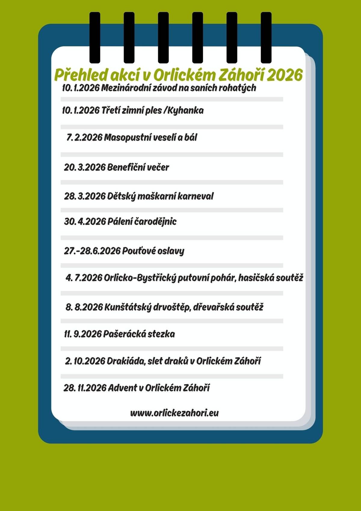 Více informací k jednotlivým akcím pro rok 2026 v aktualitách z obce na: www.orlickezahori.eu