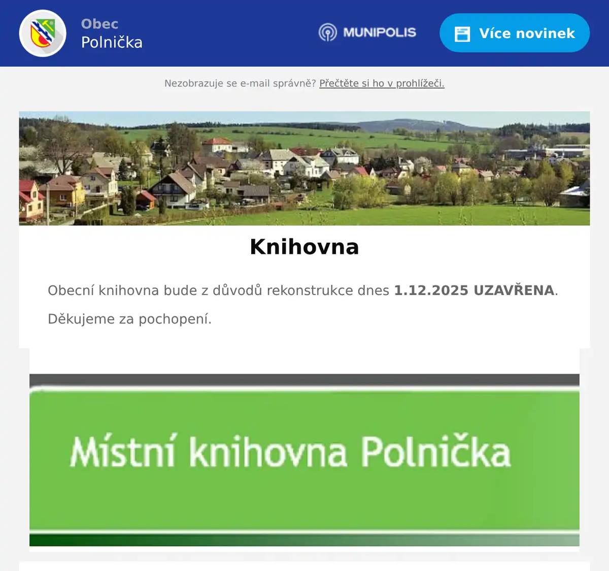 Obecní knihovna bude z důvodů rekonstrukce dnes 1.12.2025 UZAVŘENA. Děkujeme za pochopení.