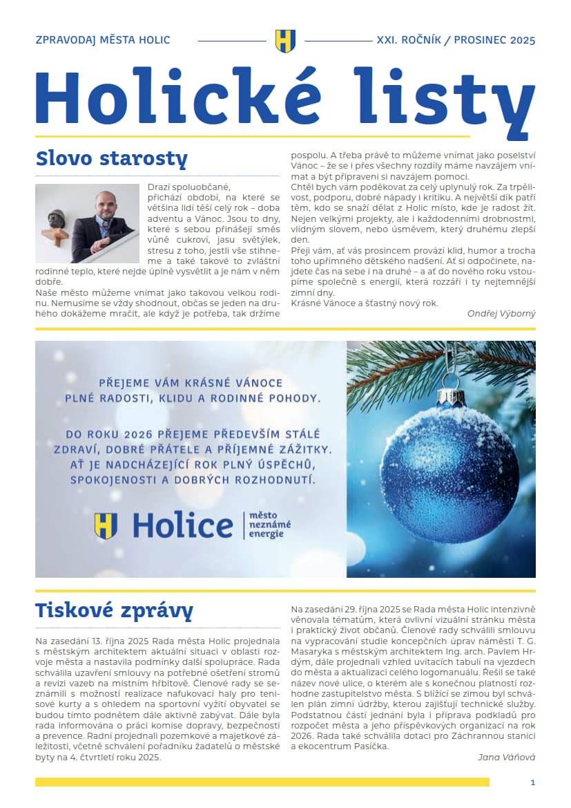 Vážení spoluobčané, zasíláme vám aktuální vydání Holických listů.