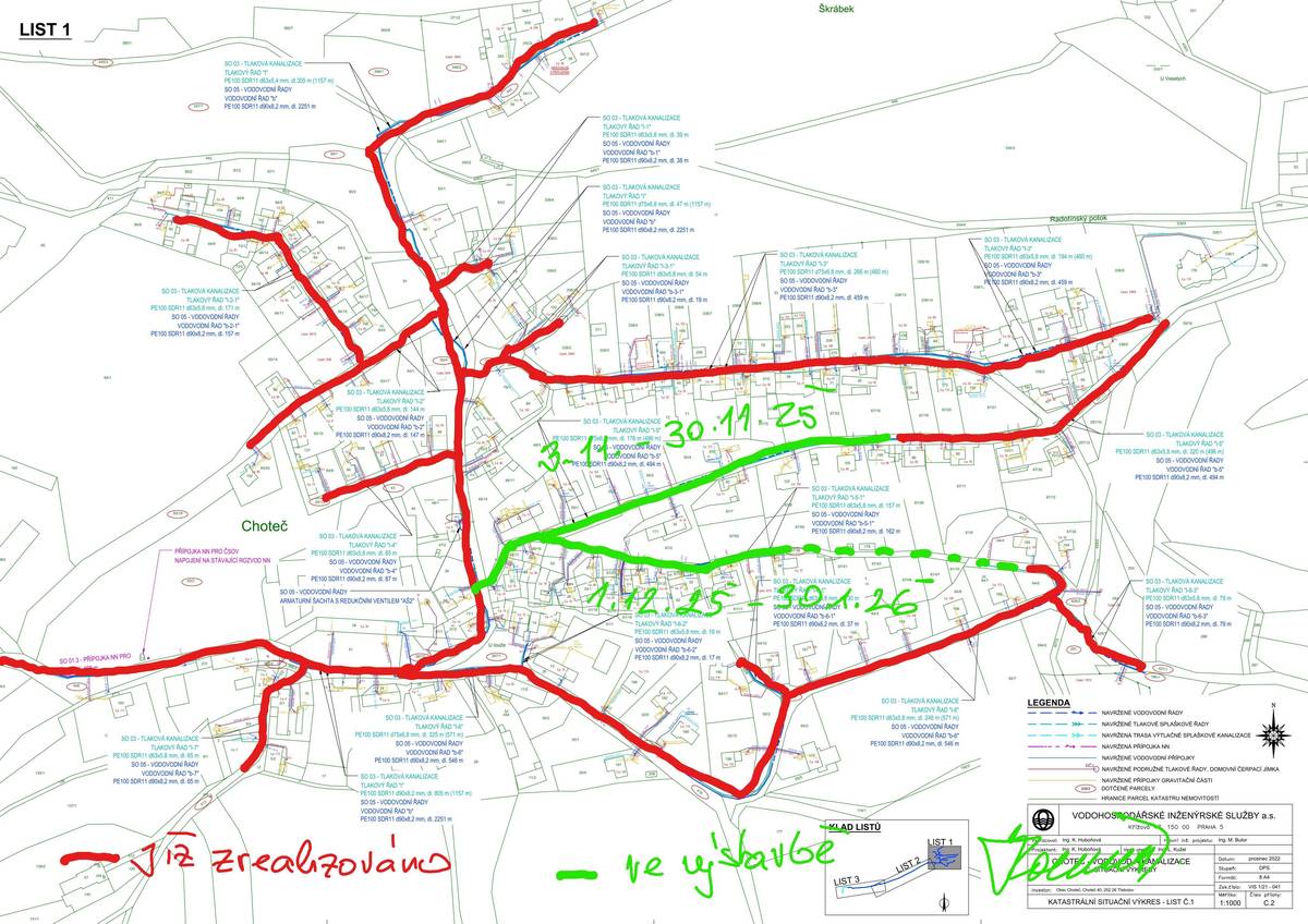 Vážení spoluobčané, po včerejším kontrolním dni stavby VaK byl aktualizován harmonogram prací od 3.11.2025. Termíny jsou zobrazeny na obrázku v příloze této zprávy, kterou naleznete v mobilní aplikaci Munipolis a nebo na FB či WEBu obce. Děkuji. Martin Bek, starosta