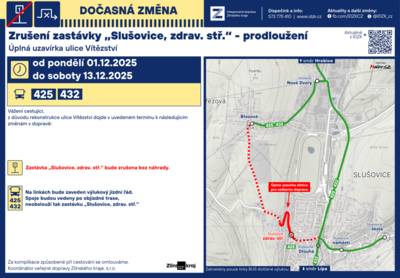 Prodloužení uzavírky ulice Vítězství s návazností na omezení veřejné dopravy. Omezení se stále týká linek 425 a 432. Níže jsou ke stažení aktuální jízdní řády. Jízdní řád pro linku 425 ZDE. Jízdní řád pro linku 432 ZDE.